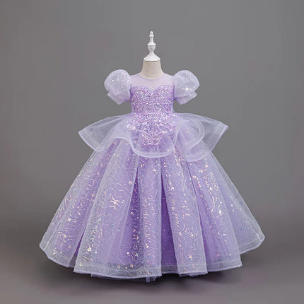New High-End Luxury Flower Girl Wedding Show Performance Dress for Girls, Puff Sleeve Sequin Princess Dress