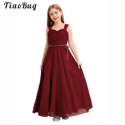 Kids Girls Wedding Bridesmaid Dress Spaghetti Strap Elegant Chiffon Maxi Party Dresses with Faux Pearls Belt for Banquet Pageant
