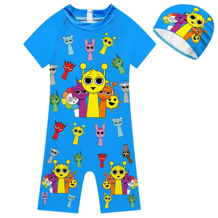 Summer Sprunki Plush Swimwear Kids Costume Toddler Baby One-piece Swimming Cap Bathing Suit Boys Girls Sprunki Print Beachwear