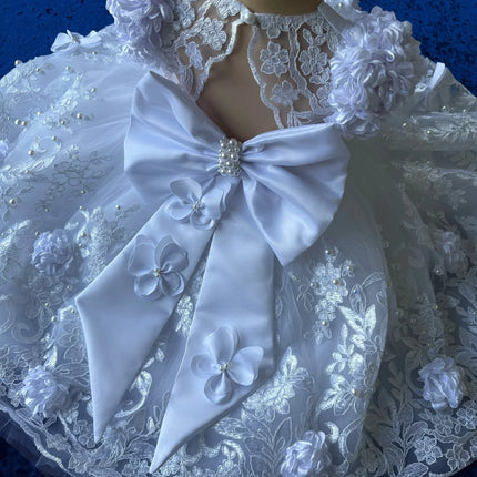 Cute Lace Baptism Christening Gown With Bonnet Outfit Baby Girls White Party Birthday Gown Wedding 3D Flower Girl Dress