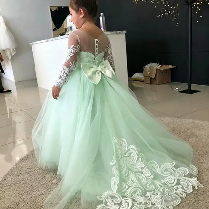 1-13 Years Lace Tulle Flower Girl Dress Up Buttons Bows Children's First Communion Ball Gown Wedding Party Bridesmaid Dress Kids
