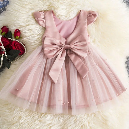 Fashion Red Pink Children's Bow Princess Dress‌ Big Bow Backless Girls Puffy Dress Tulle Flower Girl Dress Wedding Gown