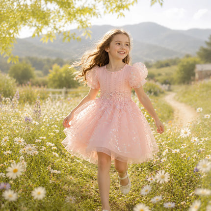 Children's Puff Sleeve Princess Dress Export Flower Girl Printed Short Dress Wedding Dress Girls High-End Tutu Skirt Europe