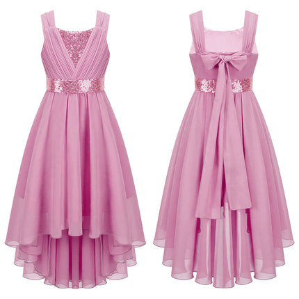 Kids Girls Sequins Ruched Party Birthday Wedding Bridesmaid Dress Sleeveless High-low Hem Summer Chiffon Princess Dress