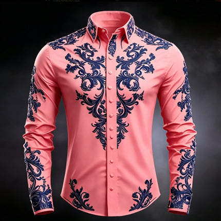 Men's Luxury Baroque Print White Satin Dress Shirt Long Sleeve Slim Fit Formal Business Party Button Down Shirt
