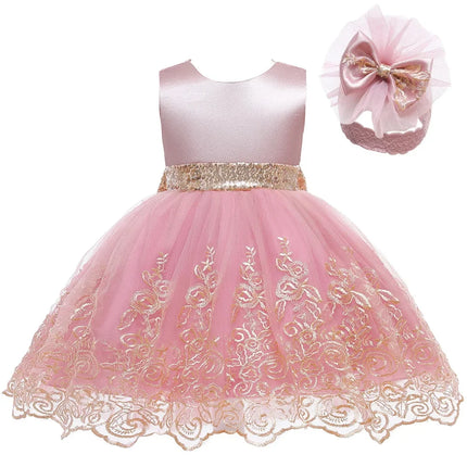 Kids Lace V Back Princess Dress Headwear Cute Baby Girls 1 Year Birthday Party Newborns Wedding Formal Baptism Tutu Vestidos