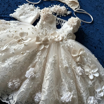 Cute Lace Baptism Christening Gown With Bonnet Outfit Baby Girls White Party Birthday Gown Wedding 3D Flower Girl Dress