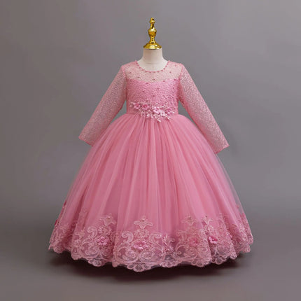 New Long Sleeve Elegant Dress for Young Girls Flower Girl Wedding Dresses Lace Formal White Clothes From 4 to12 Years