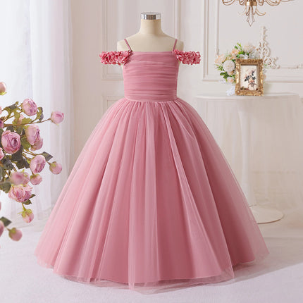 Fashion Flower Wedding Bridesmaids Girl Dresses Elegant Tulle Birthday Party Princess Prom Dress for Girls Bow Evening Costumes