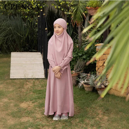Two-piece Muslim Set for Girls Ramadan Kids Modest Abaya Dress with Khimar Eid Church Prayer Outfits Islamic Girl Plain Clothes