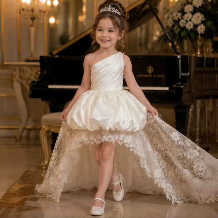 Satin Lace Flower Girl Train Dress OneShoulder Ruched Bubble Puff Skirt Kids Luxury Modest Church Communion Formal Princess Gown