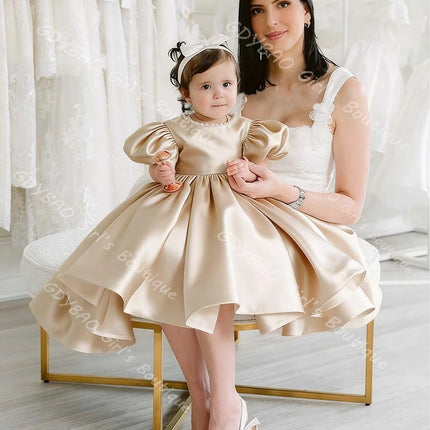 Baby Girls Baptism Dress Newborns Pearl Neck Puff Sleeves Christening Dress with Bow Custom Wedding Party Gowns for Flower Girls