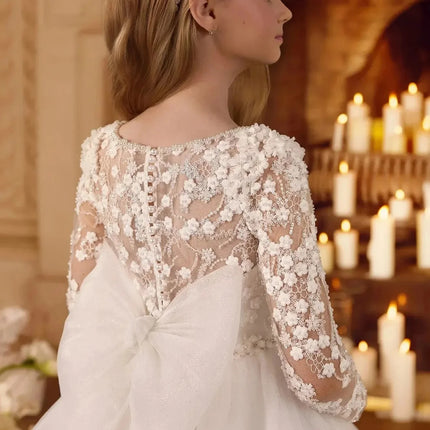 Customized White Flower Girl Dress For Wedding Glitter Bowknot Beading Pearls Appliques Kids Birthday First Communion Gown