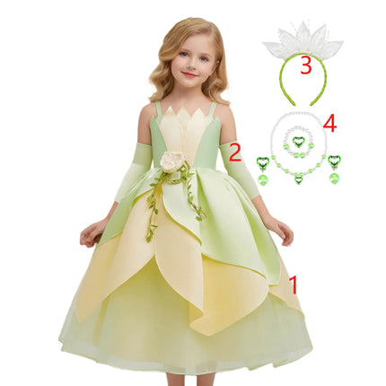 Summer Delicate Yellow Green Frock Flower Girls Wedding Party Dress Birthday Tiana Cosplay Princess and Frog Fairy Tale Costume