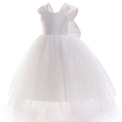 Children Girls Elegant Birthday Tulle Princess Dress Bow Wedding Party Gown For Kids Formal Evening White Pearls Bowknot Vestido