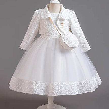 Spring Flower Girl Elegant Dresses for Wedding Girls’ Formal Dress with Bag 3 PC Set Long Sleeve Kids' Clothes 3 to 12 Years
