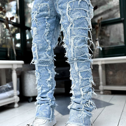 Ins Fringes Ripped Trousers Individual Patched Pants Long Tight Fit Stacked Jeans For Mens Clothing