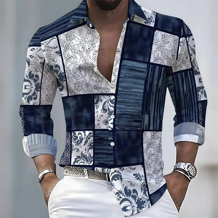 Men's Light Luxury Style Color Block Print Long-Sleeve Shirt, Business Casual Versatile Lapel Loose Fit Fashion Shirt