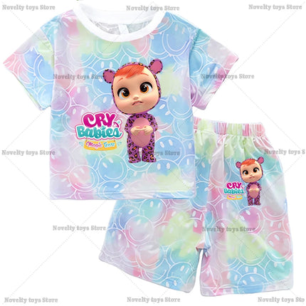 Crying Babies T-shirt Set Children Summer Clothing Girl Cartoon Anime Short Sleeve Sets Leisure Kawaii Clothes Kid Cute Tee Gift