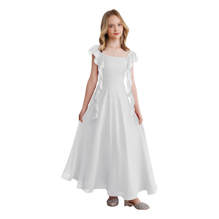 Girls Ruffle Sleeve Chiffon A Line Party Dress Summer Kids Flower Girl Wedding Dress Princess Birthday Party Formal Long Dress