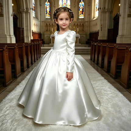 Modest Plain White Satin First Holy Communion Dress Long Puff Sleeve Pearl Button Back Kids Church Gown Flower Girl Dress
