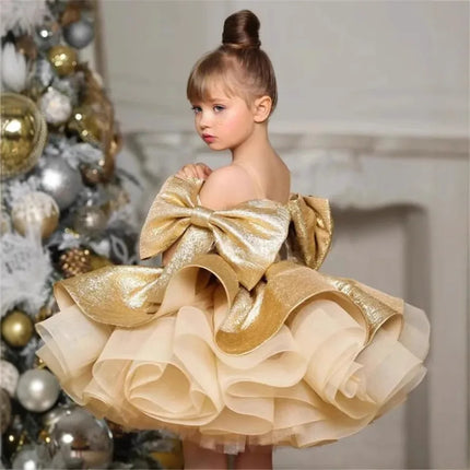Light Luxury Gold Evening Princess Ball Gown Children Cute Bow Design Birthday Wedding Party Dress y1654
