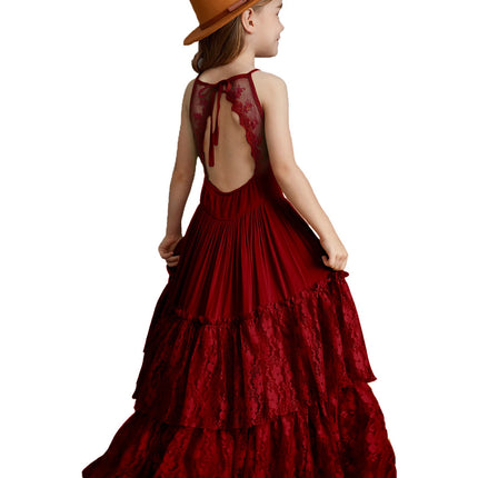 Big Girls Flower Wedding Party Backless Chiffon Dress Princess Kids Bohemia Lace Long Dresses Vestidos Clothing For 3-15 Years