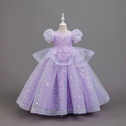 New High-End Luxury Flower Girl Wedding Show Performance Dress for Girls, Puff Sleeve Sequin Princess Dress