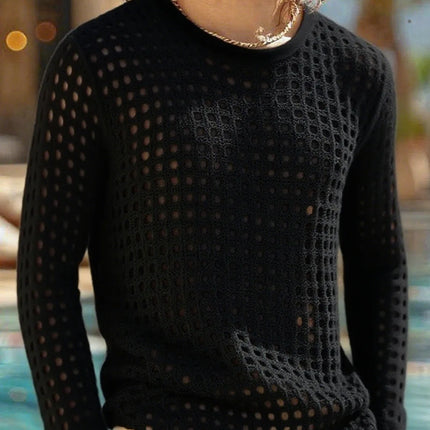 Men's Simple Sexy Mesh Tops Spring/Summer American Casual Fashion Round Neck Hollow Out Knitted Long Sleeve T-shirt