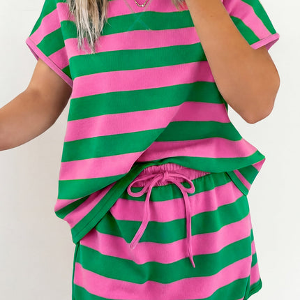 Rose Stripe Dolman Tee Drawstring Skort Athletic 2pcs Set