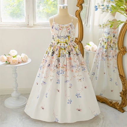 Flower Girl Princess Print Sling Ball Gown White Wedding Childrens Fluffy Mesh Dress Birthday Party Piano Performance Costume