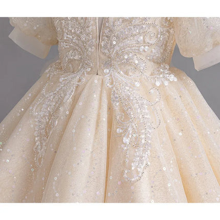 High-end Sequin Flower Girl Dress Puff Sleeve White Mesh Wedding Dress Knee Length Fashion Evening Appliques Outfit Clothes