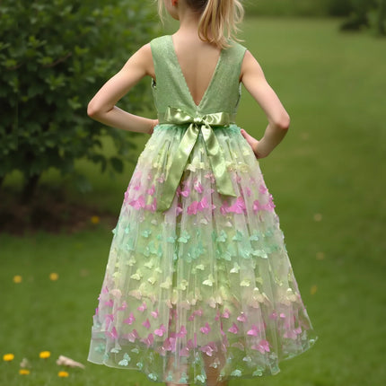 Girl's New Three-Dimensional Butterfly Sleeveless Mesh Bow Long Princess Dress Wedding Flower Girl Birthday Party Elf Dress