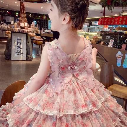 Summer Kids Girl Multi-Layered Ruffle Dress with Butterfly for Baby Princess Tiered Cake Dresses Child Cute Wedding Party Outfit