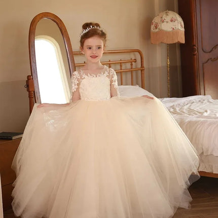 Elegant Wedding Flower Girl Dress, Long Sleeve Lace Tulle Tutu Dress, Formal Children's Wedding Party Dress, Communion Ceremony