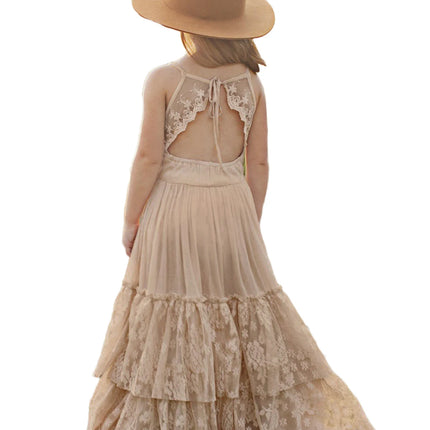 Big Girls Flower Wedding Party Backless Chiffon Dress Princess Kids Bohemia Lace Long Dresses Vestidos Clothing For 3-15 Years