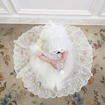Newborn Baby Girls Baptism Dress White Lace Princess Infant Dress With Hat Kids First Birthday Ball Gown For 3-24 Month