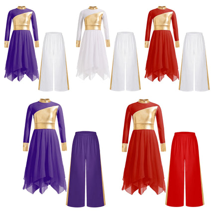 Kids Girls Praise Clothes Set Ballet Lyrical Performance Costume Metallic Church Christian Worship Robe Dress Tunic Dancewear