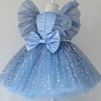 Toddler Baby Girls Luxury Star Sequins Flying Sleeve Bow Princess Dress For Infant 1st Year Birthday Baptism Christmas Prom Gown