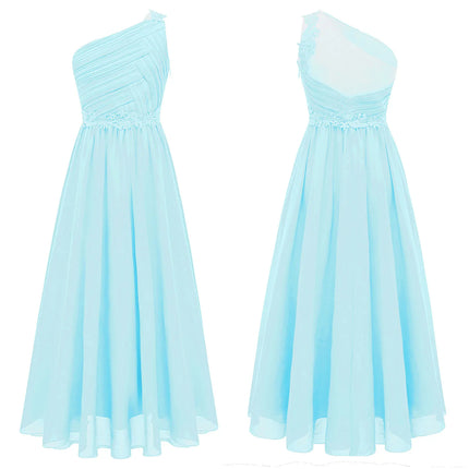 Kids Flower Girls Dress One Shoulder Pleated Evening Wedding Party Formal Occasion Long Maxi Junior Bridesmaid Tulle Dresses