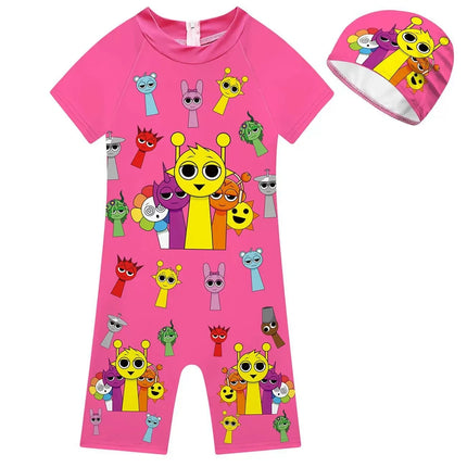 Summer Sprunki Plush Swimwear Kids Costume Toddler Baby One-piece Swimming Cap Bathing Suit Boys Girls Sprunki Print Beachwear