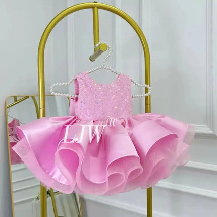 V-Neck Pink Glitter Flower Girl Wedding Dress Baby First Christmas Dress Elegant Birthday Party Girls Dress Ballet Girls Costume