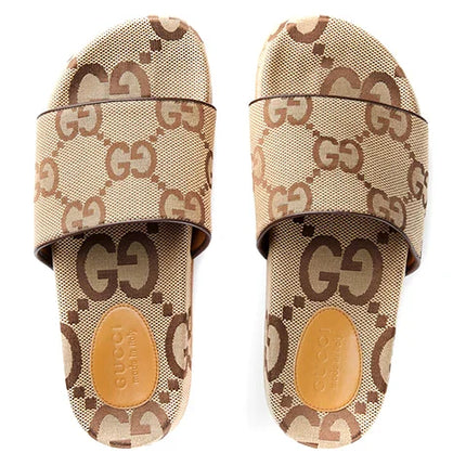 Gucci GG Canvas Camel Monogram Slide Sandals with Platform Sole - Chic Italian Casual Footwear