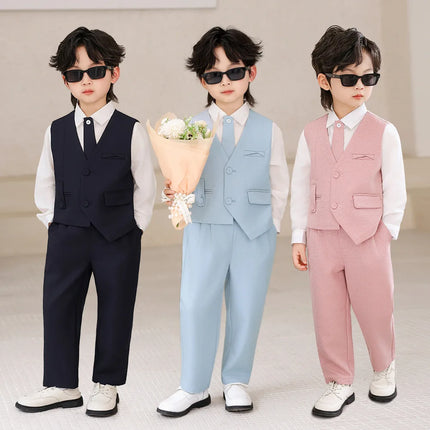 Boys 3-Piece Formal Suit Set Gentleman Vest Pants Shirt for Wedding Birthday Party Kids Toddler Classic Dress Outfit Spring New