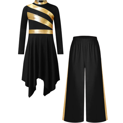 Kids Girls Praise Clothes Set Ballet Lyrical Performance Costume Metallic Church Christian Worship Robe Dress Tunic Dancewear
