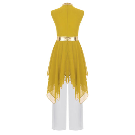 Kids Girl Worship Praise Dance Outfit Metallic Contrast Color Sleeveless Asymmetrical Hem Dress+Wide-Leg Pants for Church Events