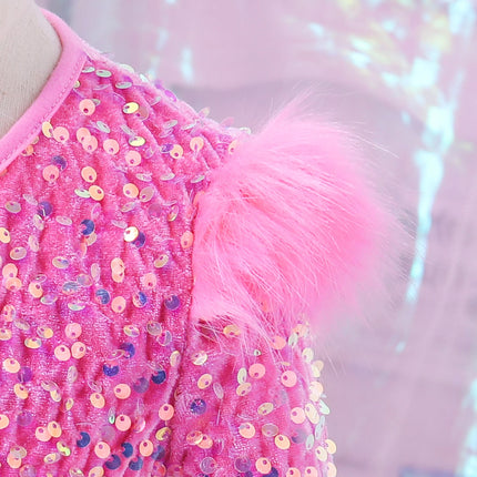 Cute Stylish Girls Pink Sequined Round-Neck Ceremonial Dress Spring Autumn Fashionable Kids' Special Occasion Outfit