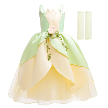 Summer Delicate Yellow Green Frock Flower Girls Wedding Party Dress Birthday Tiana Cosplay Princess and Frog Fairy Tale Costume