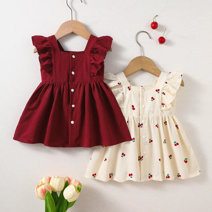 two-Piece Set: New Summer Arrivals for Baby Girls—Apricot and Red Ruffled Sleeveless Dresses with Adorable Cherry Prints.