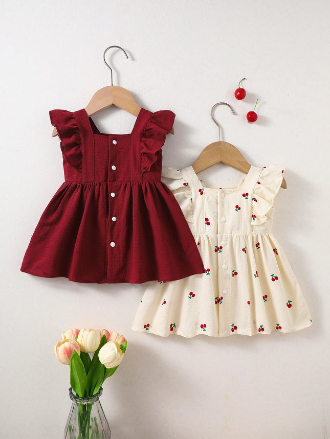 two-Piece Set: New Summer Arrivals for Baby Girls—Apricot and Red Ruffled Sleeveless Dresses with Adorable Cherry Prints.